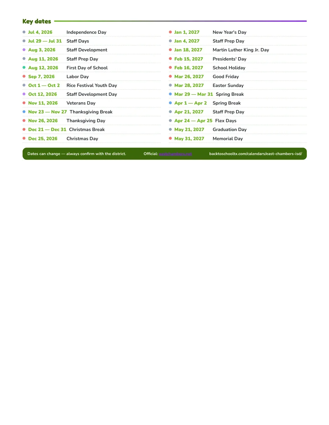 East Chambers ISD Calendar for the Year 26-27 — key dates