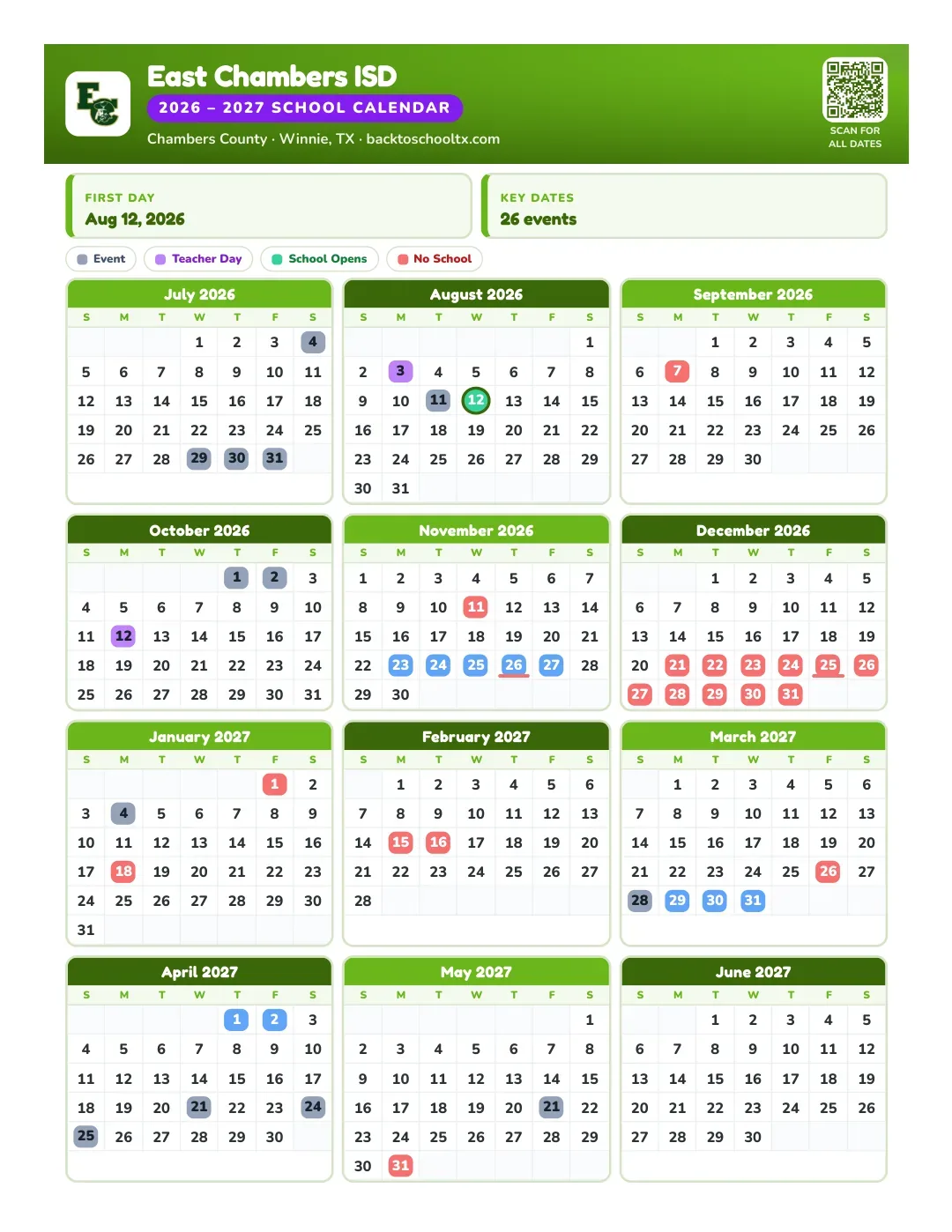 East Chambers ISD Calendar for the Year 26-27
