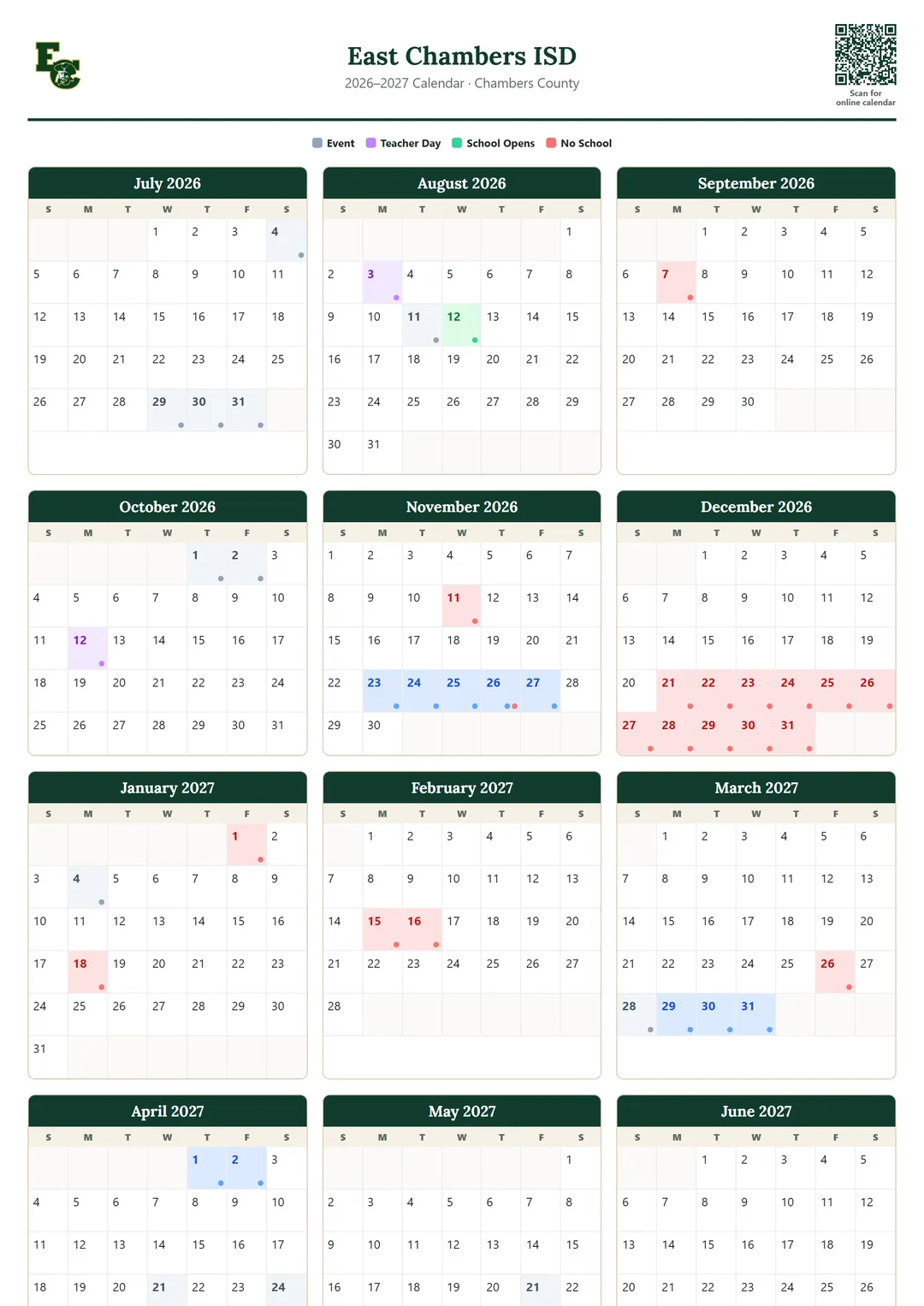 East Chambers ISD printable 2026–2027 calendar