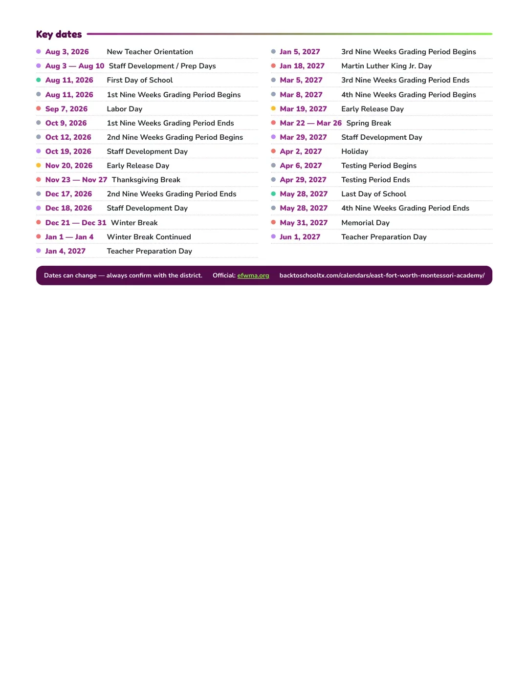 East Fort Worth Montessori Academy Calendar for the Year 26-27 — key dates