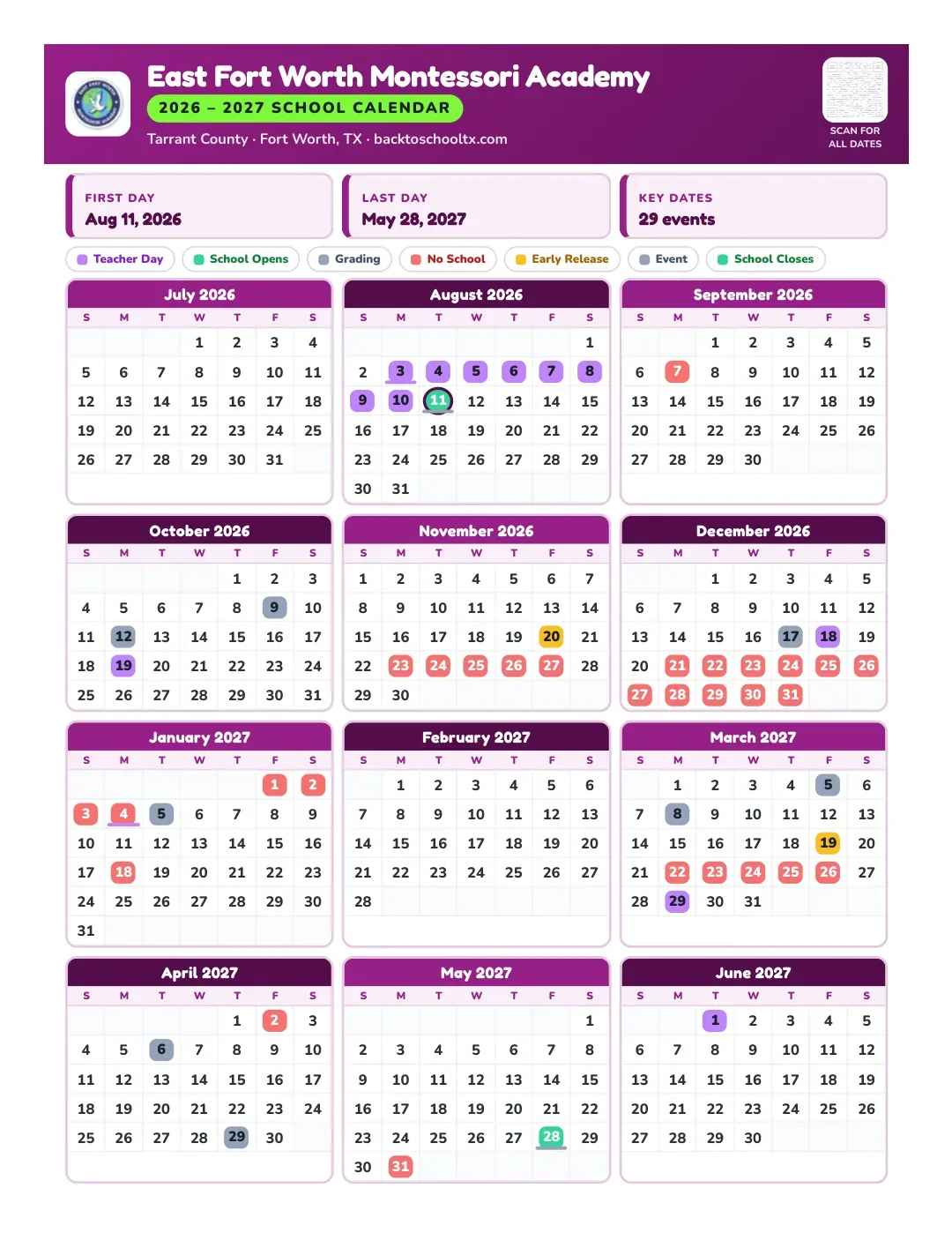 East Fort Worth Montessori Academy Calendar for the Year 26-27