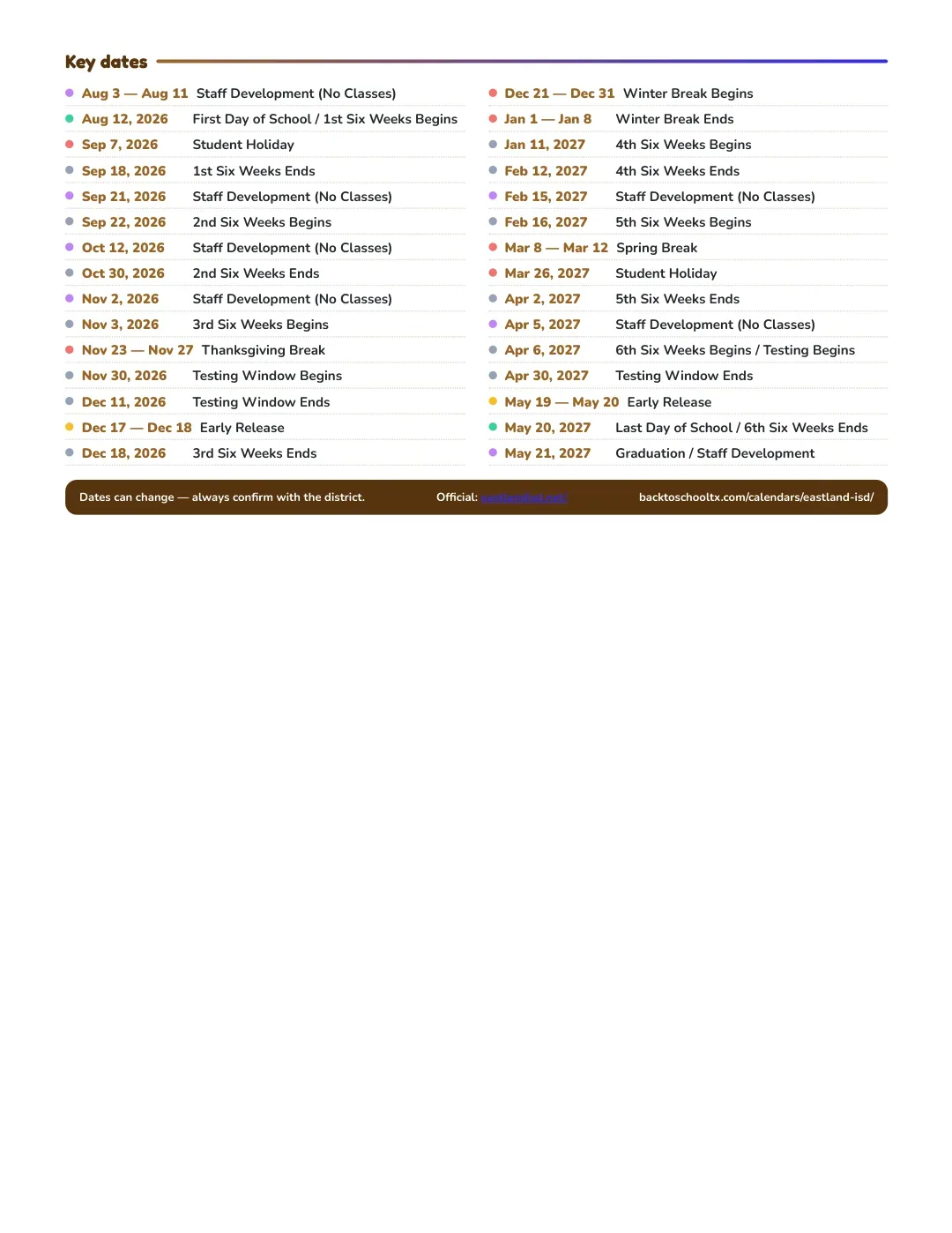 Eastland ISD Calendar for the Year 26-27 — key dates