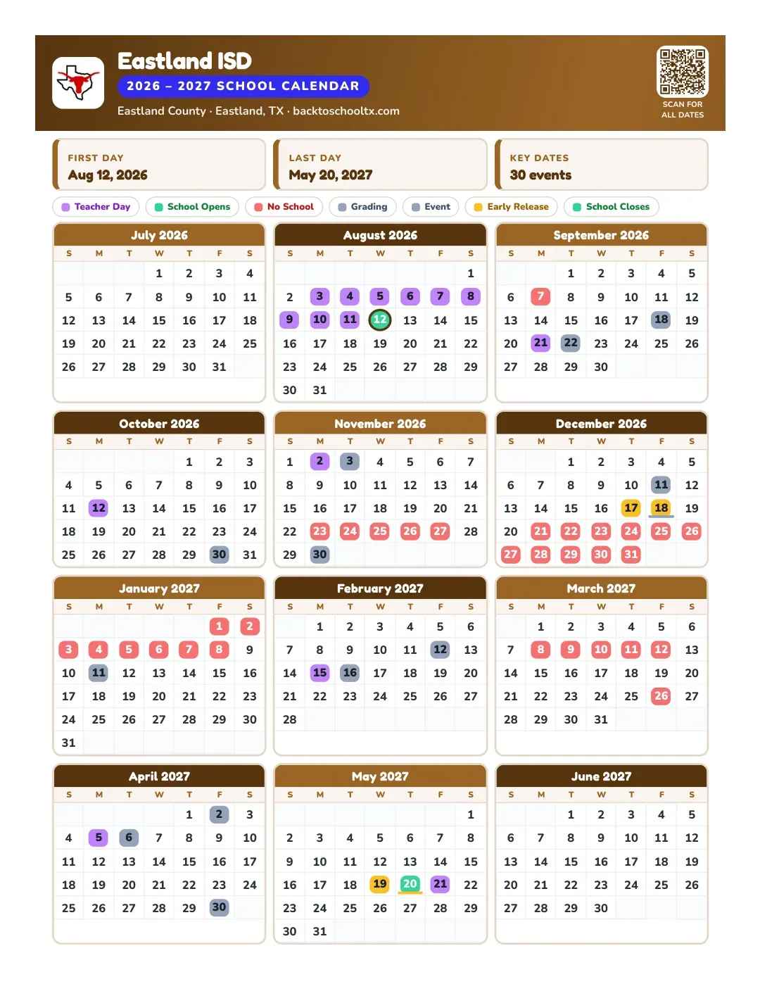 Eastland ISD Calendar for the Year 26-27