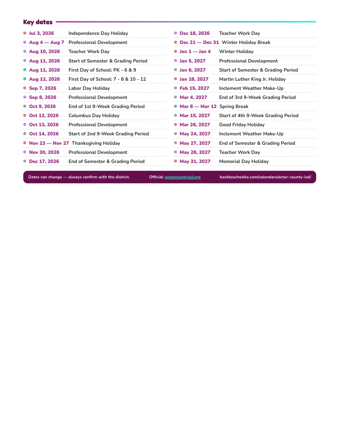 Ector County ISD Calendar for the Year 26-27 — key dates