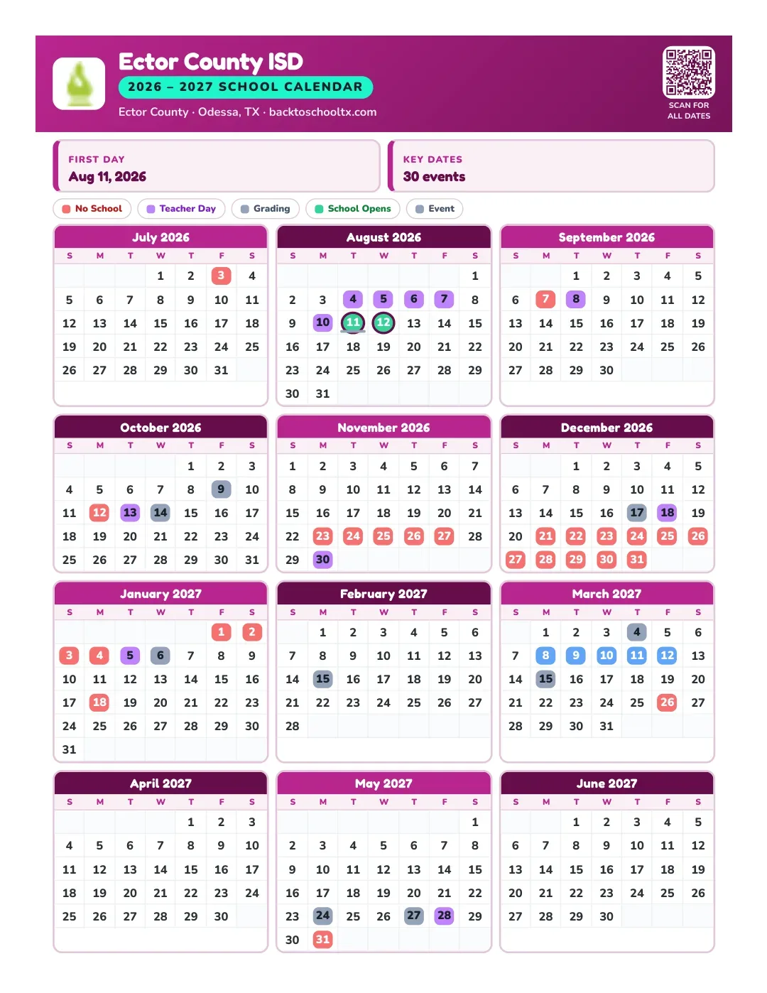 Ector County ISD Calendar for the Year 26-27