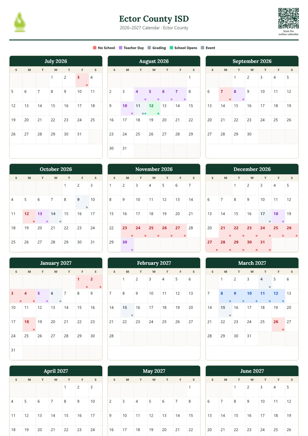 Ector County ISD printable 2026–2027 calendar