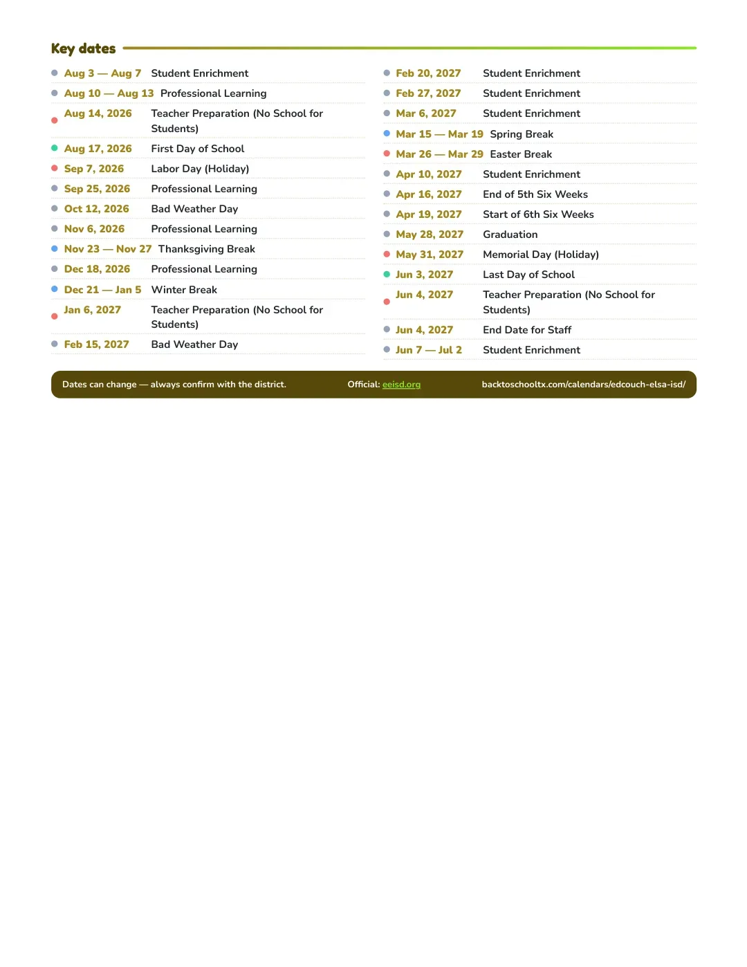 Edcouch-elsa ISD Calendar for the Year 26-27 — key dates