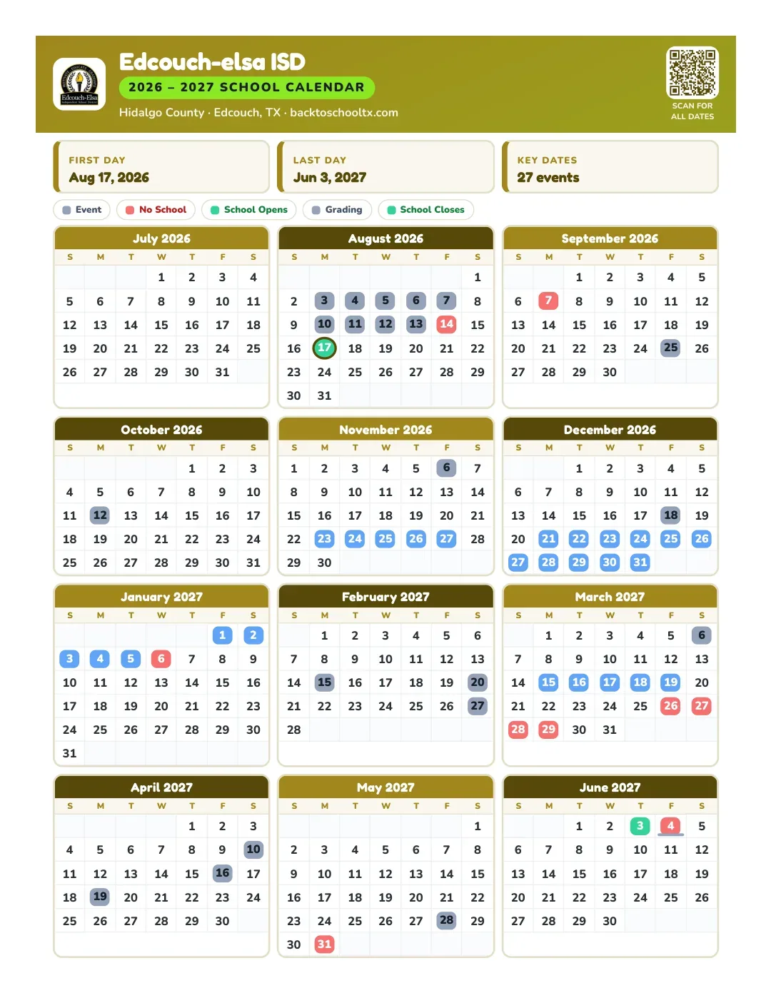 Edcouch-elsa ISD Calendar for the Year 26-27