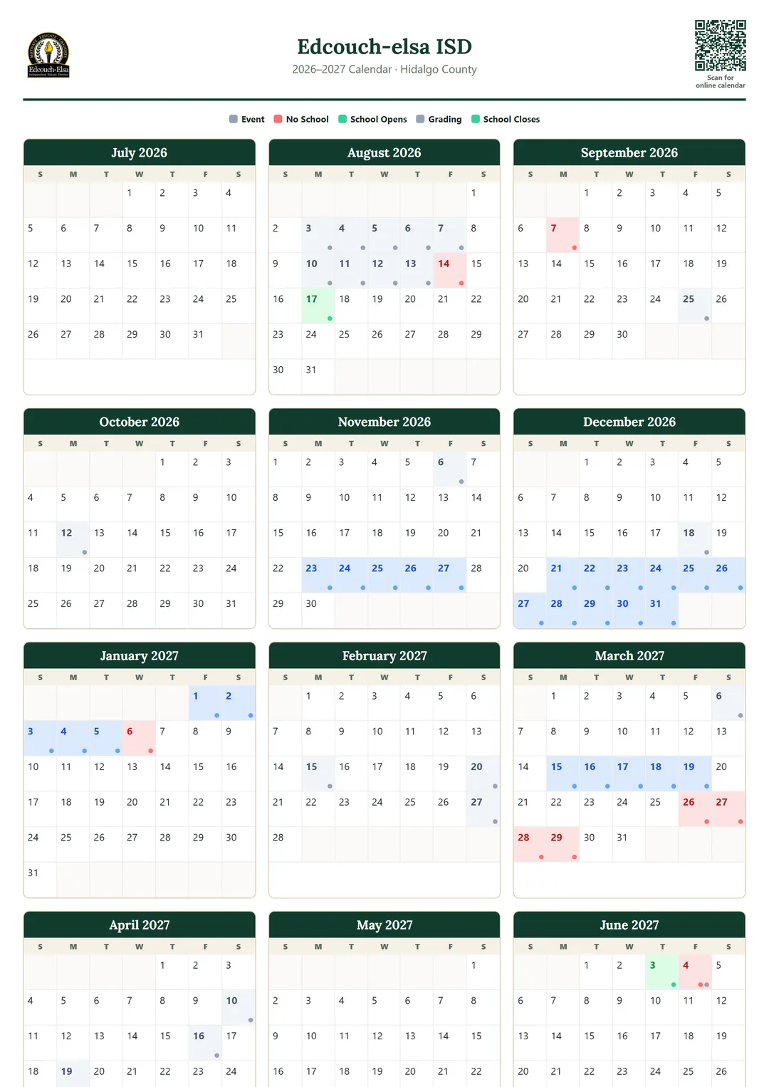 Edcouch-elsa ISD printable 2026–2027 calendar