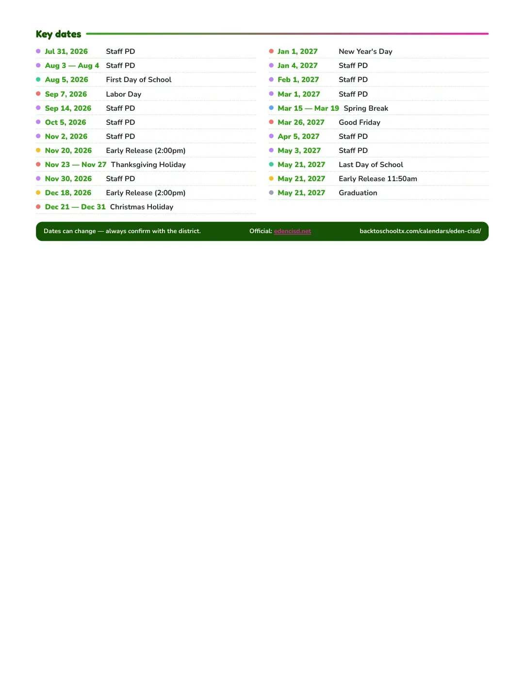 Eden CISD Calendar for the Year 26-27 — key dates