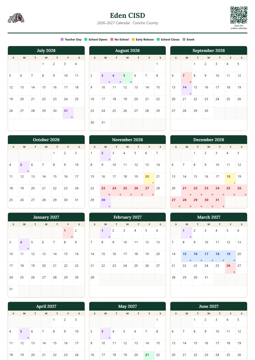 Eden CISD printable 2026–2027 calendar