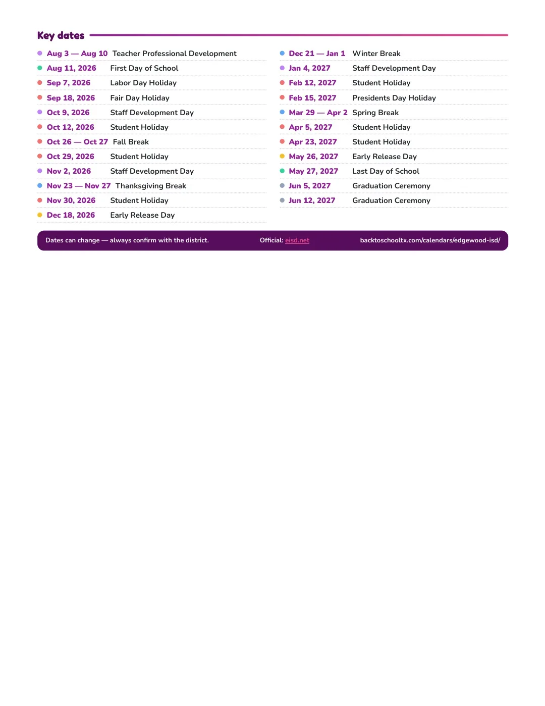 Edgewood ISD Calendar for the Year 26-27 — key dates