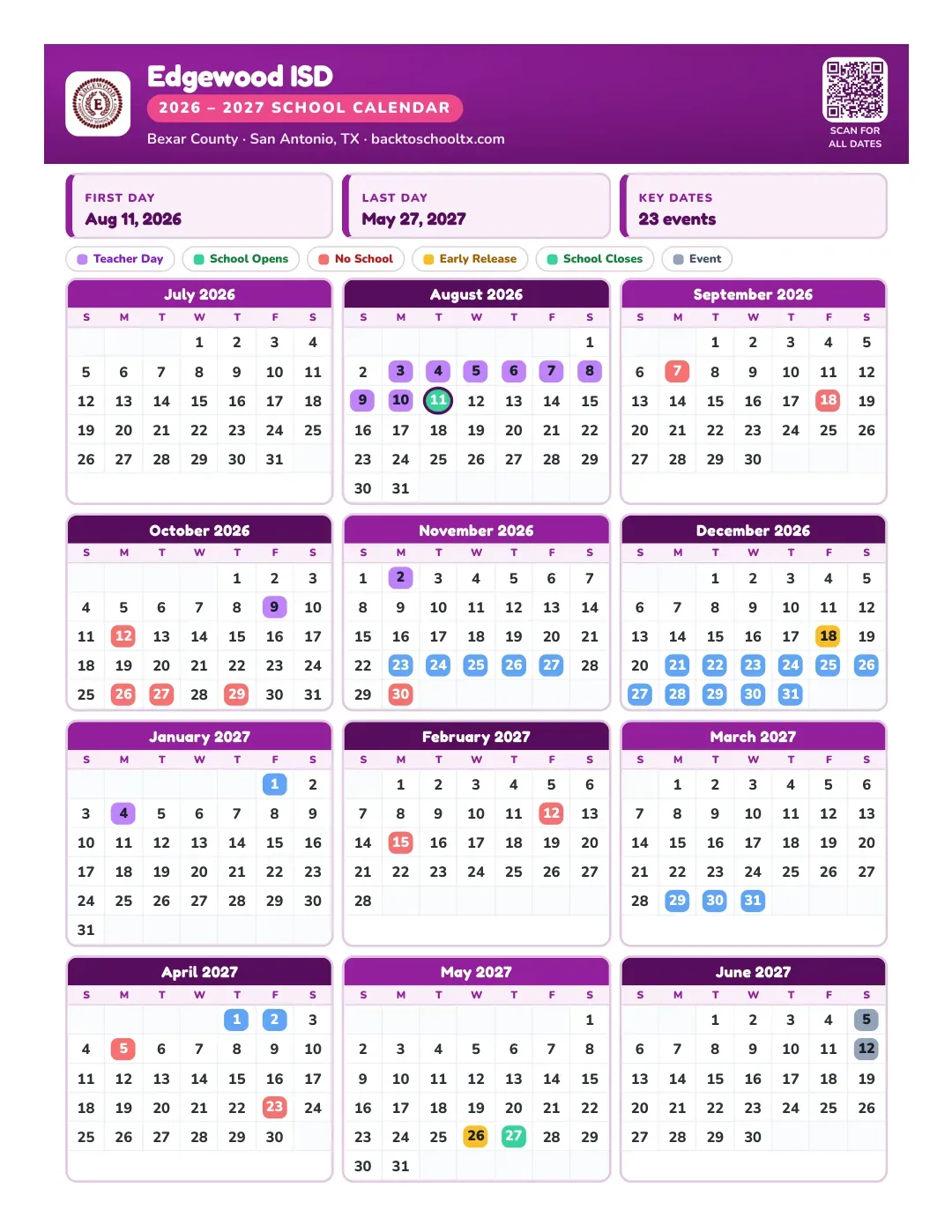 Edgewood ISD Calendar for the Year 26-27