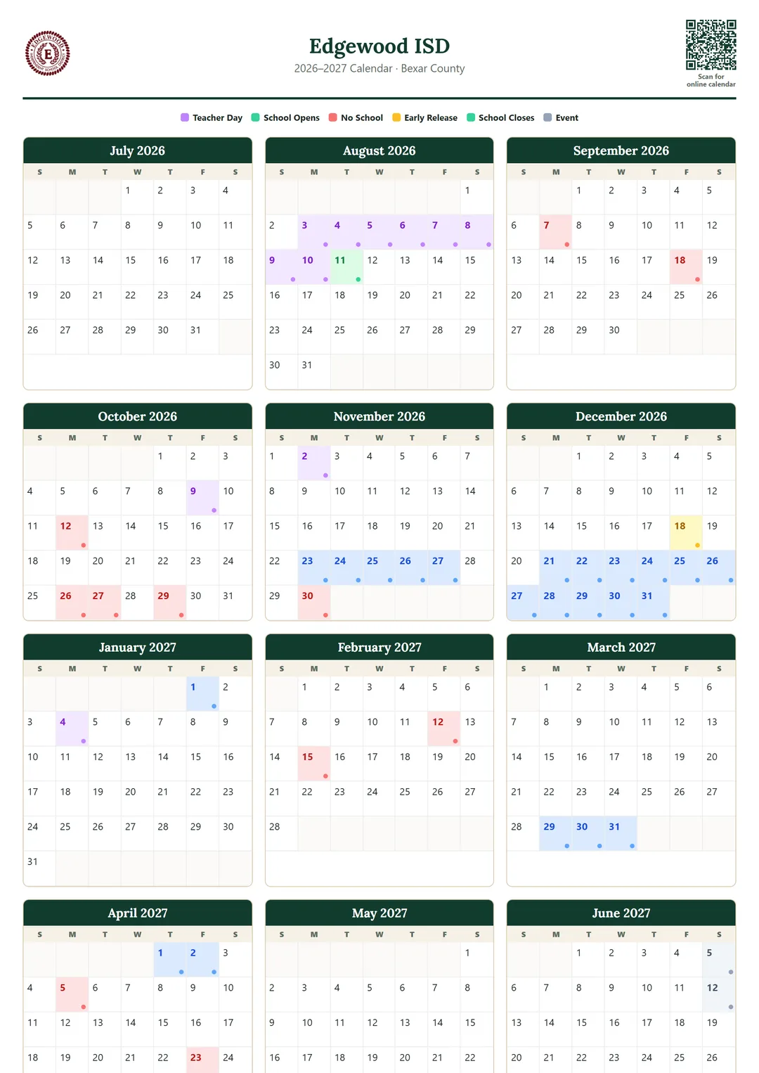 Edgewood ISD printable 2026–2027 calendar