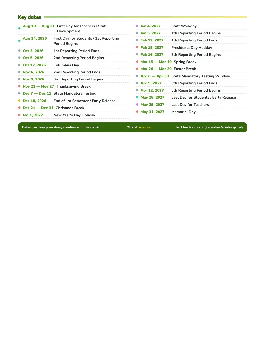 Edinburg CISD Calendar for the Year 26-27 — key dates