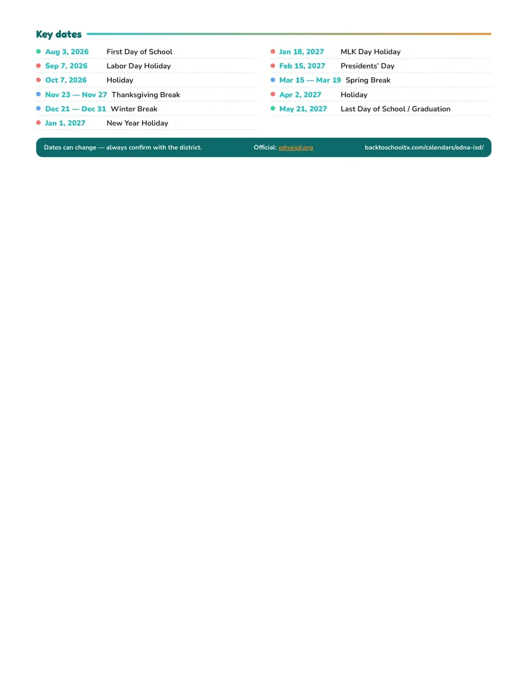 Edna ISD Calendar for the Year 26-27 — key dates