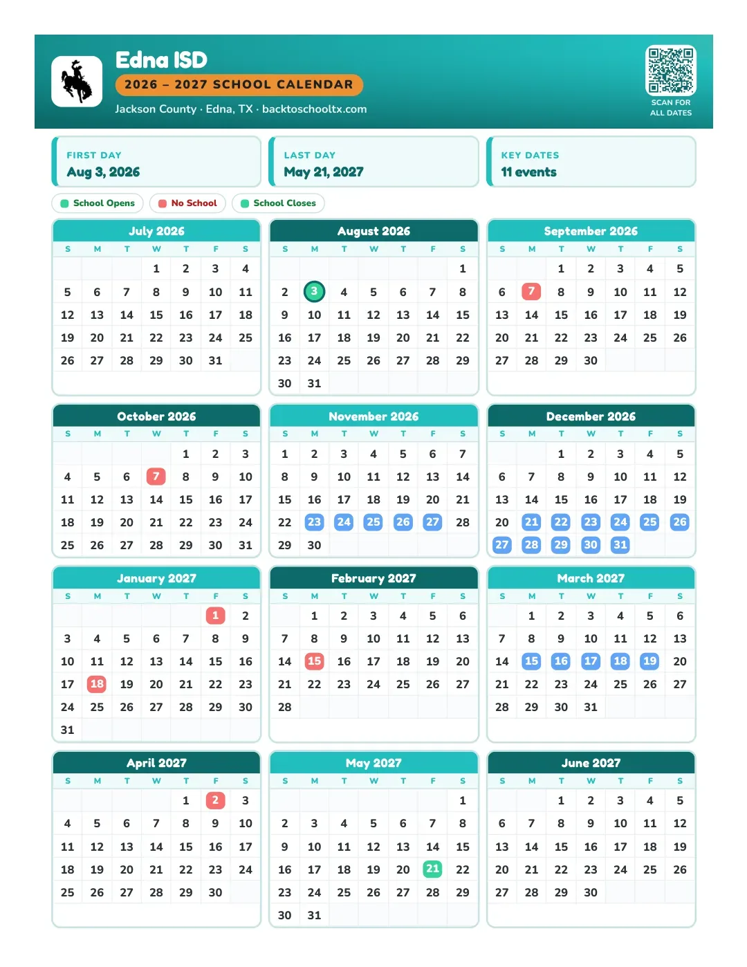 Edna ISD Calendar for the Year 26-27