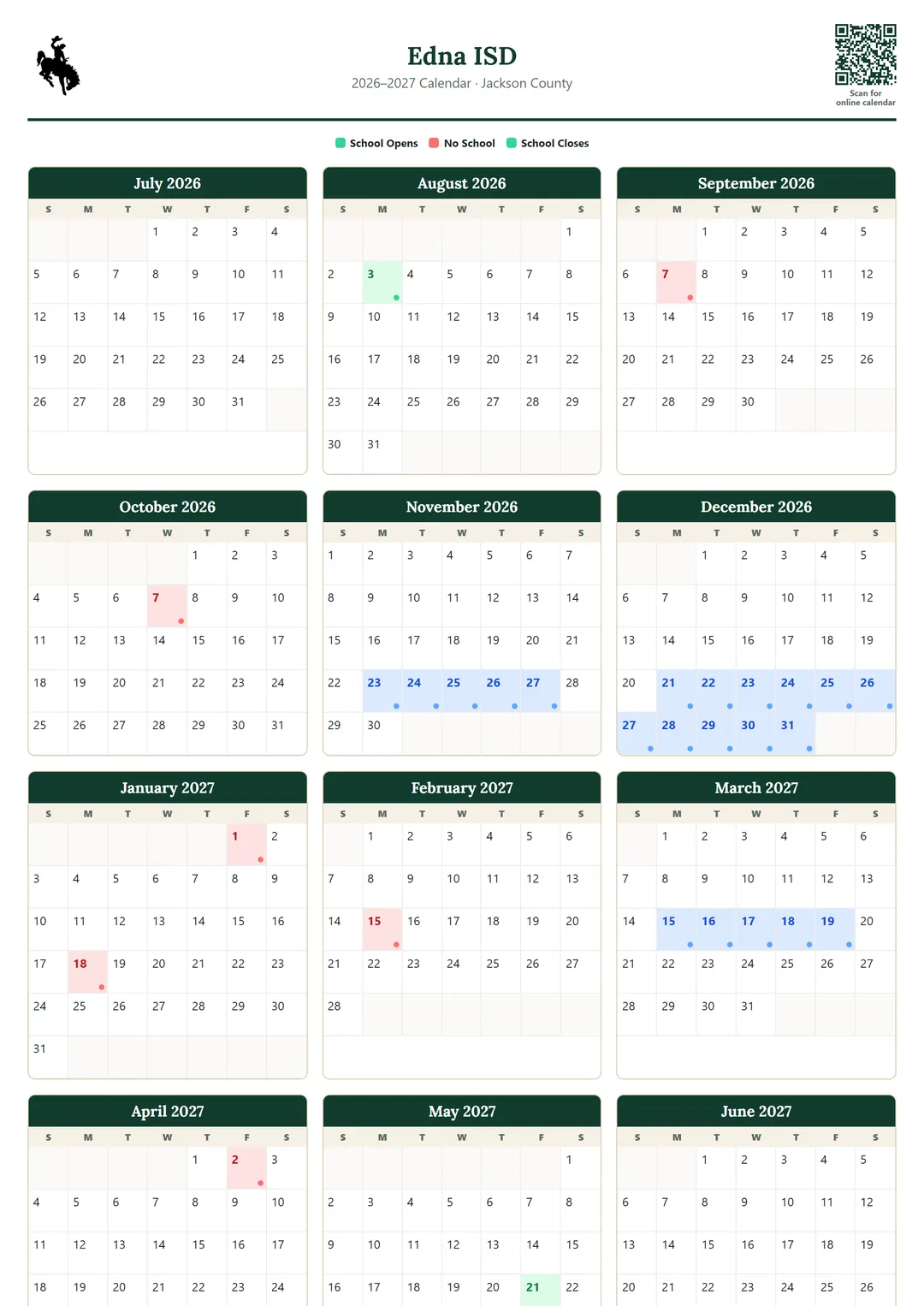 Edna ISD printable 2026–2027 calendar