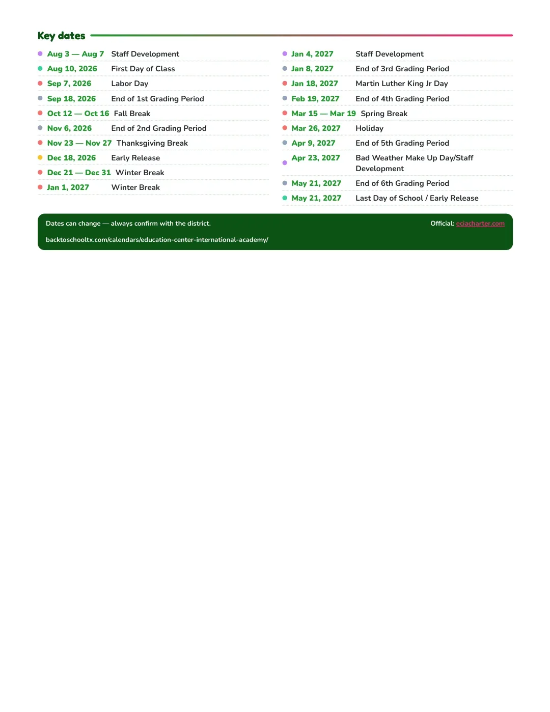 Education Center International Academy Calendar for the Year 26-27 — key dates