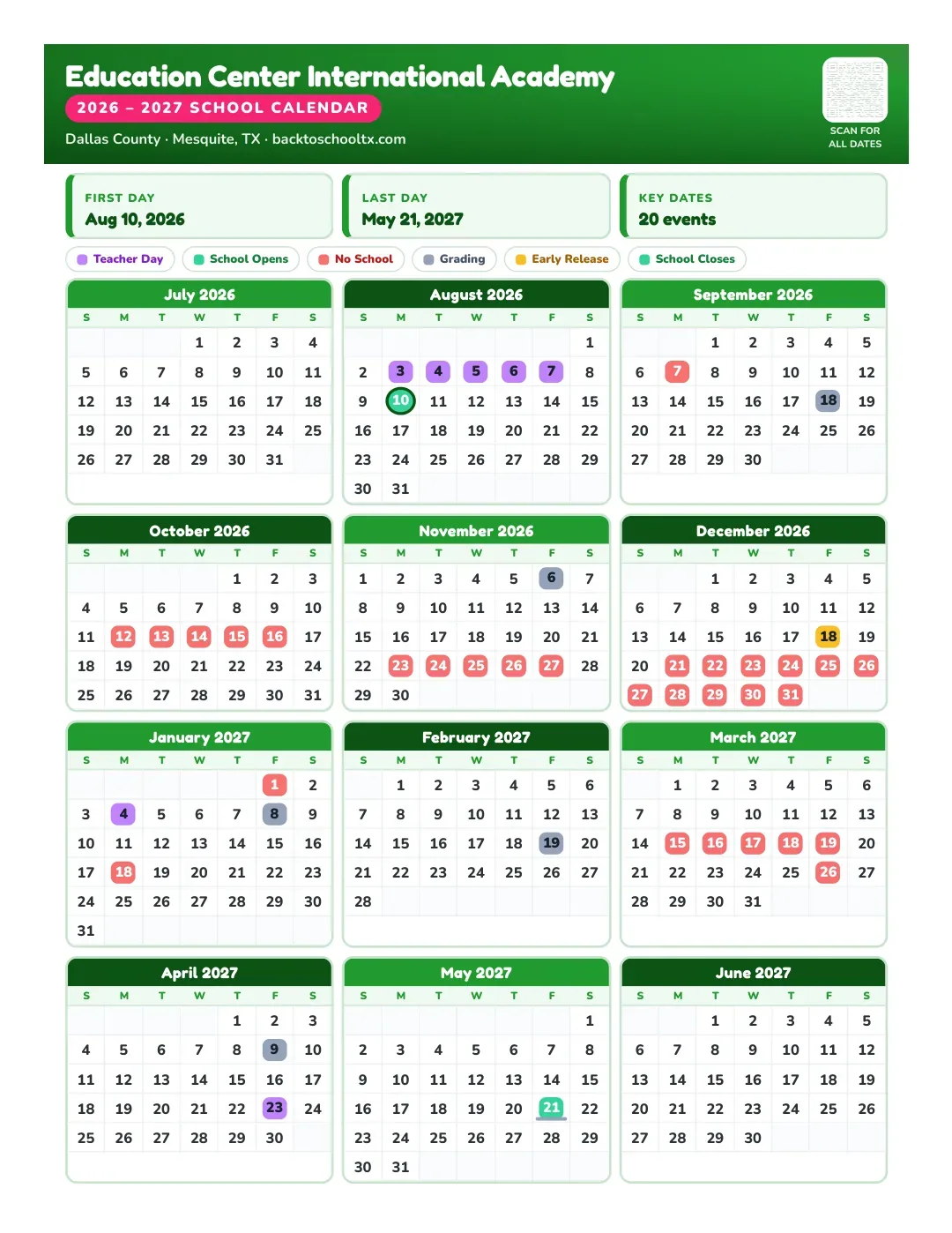 Education Center International Academy Calendar for the Year 26-27