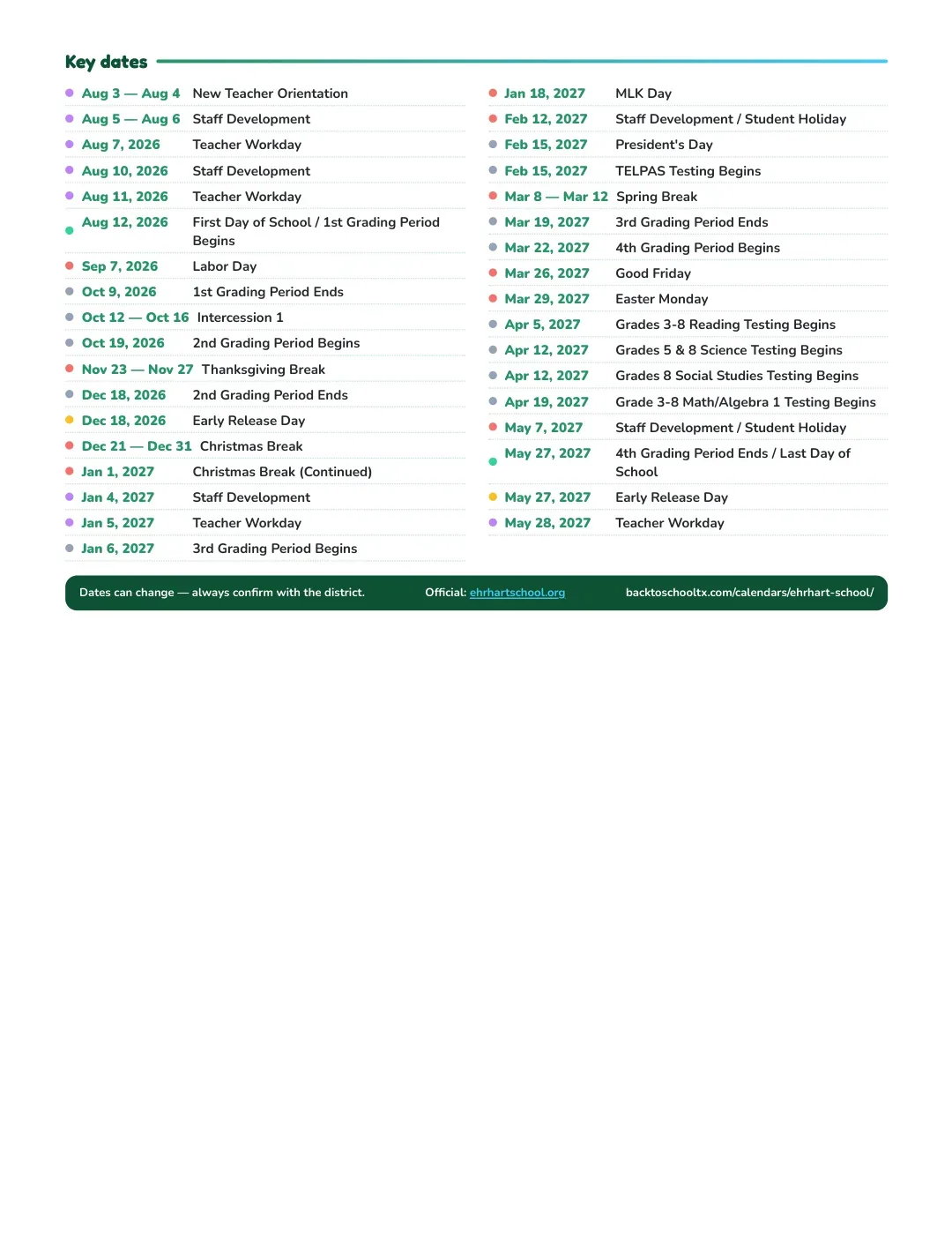 Ehrhart School Calendar for the Year 26-27 — key dates