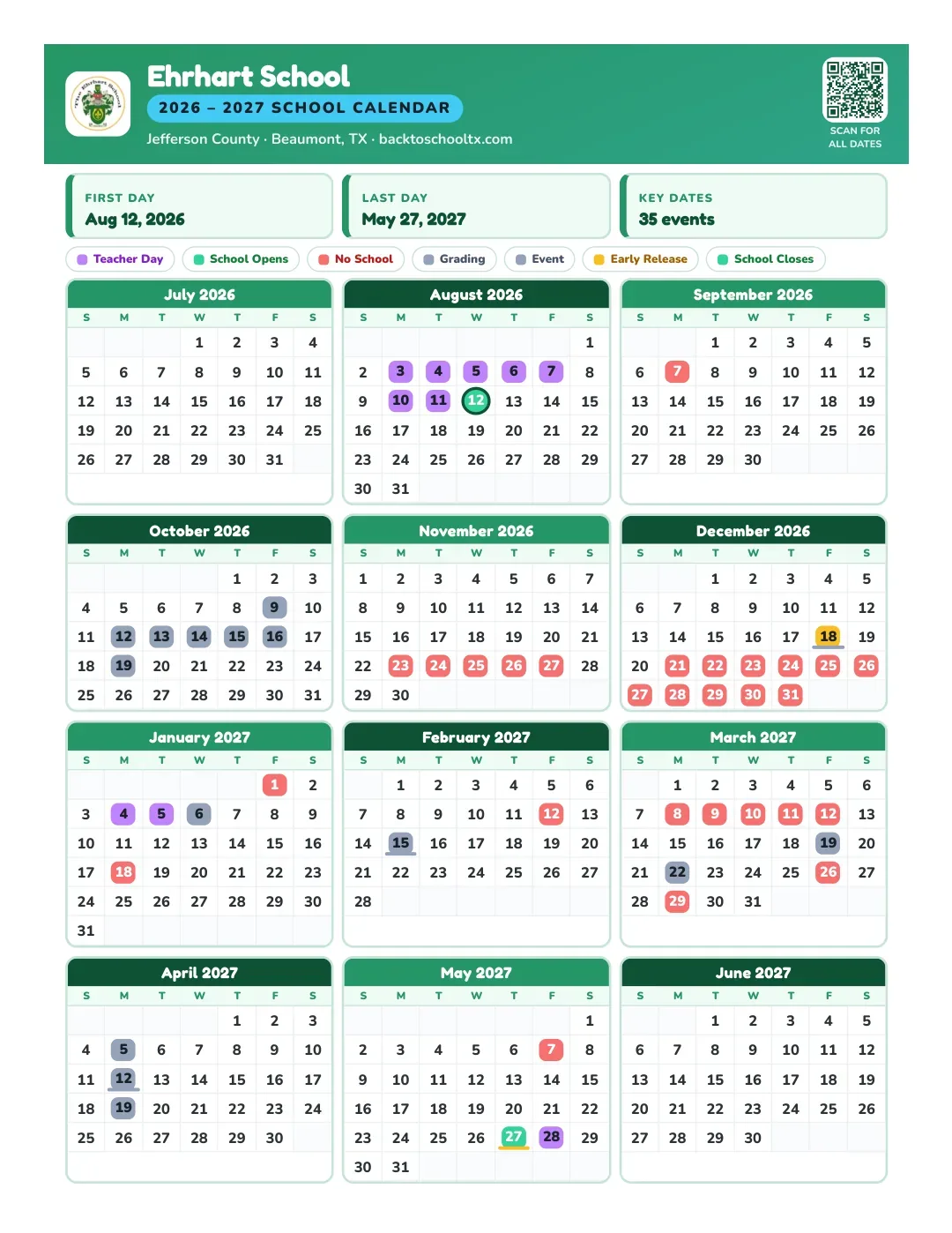 Ehrhart School Calendar for the Year 26-27