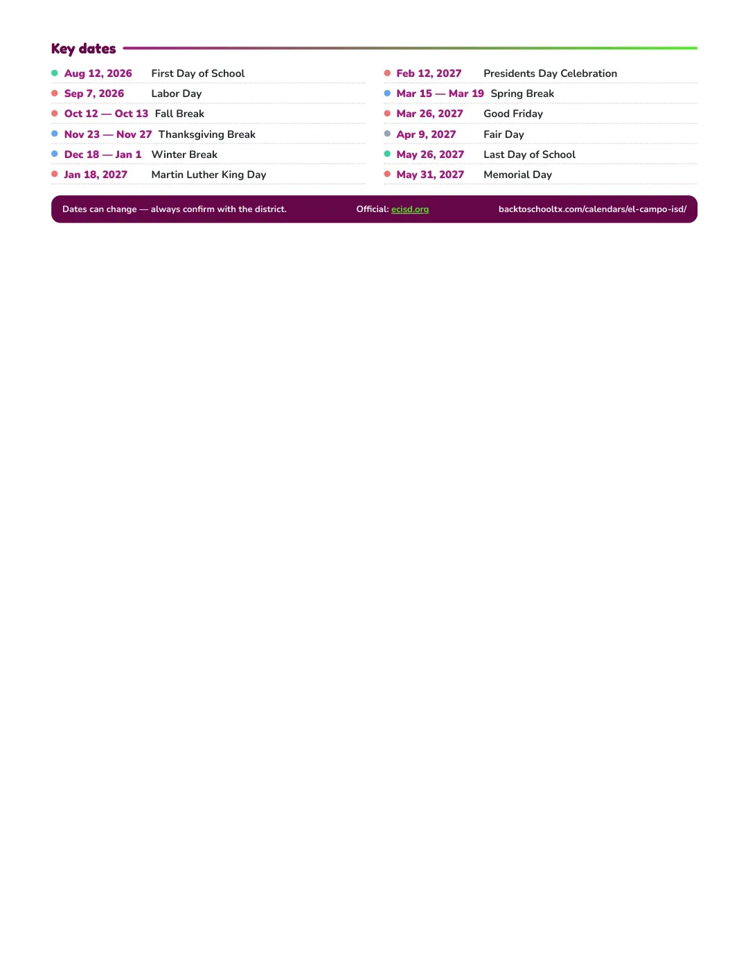 El Campo ISD Calendar for the Year 26-27 — key dates