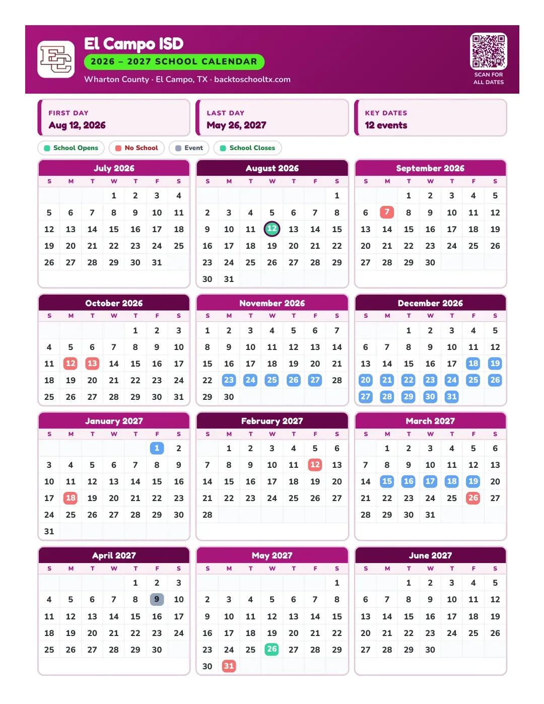 El Campo ISD Calendar for the Year 26-27