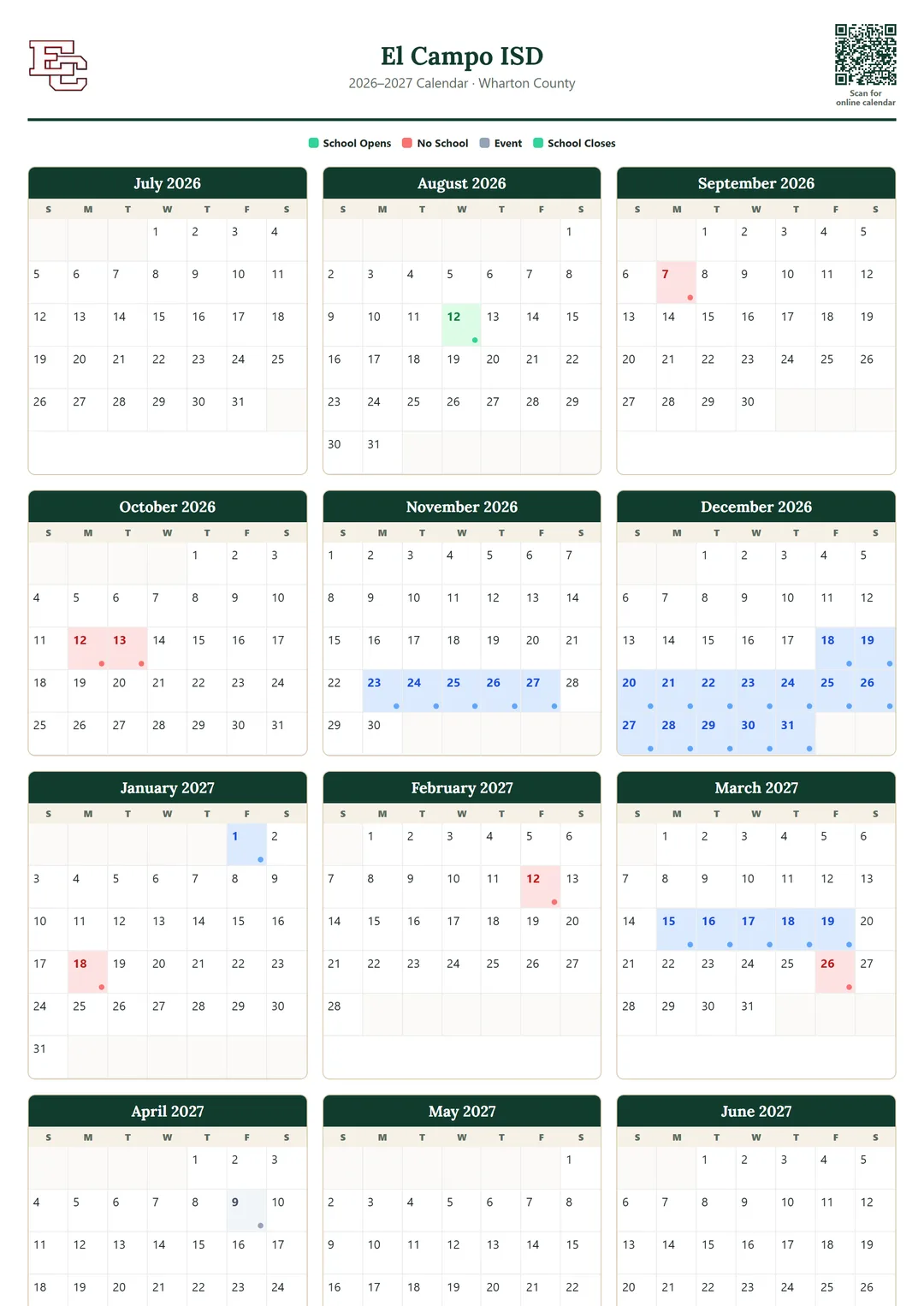 El Campo ISD printable 2026–2027 calendar