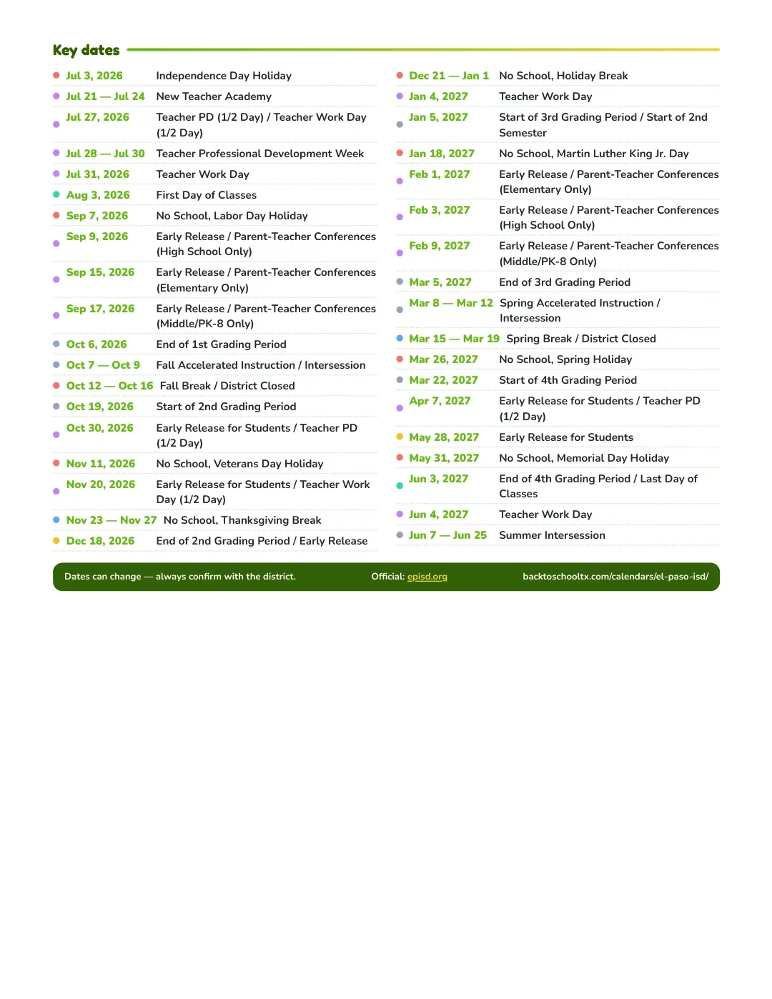 El Paso ISD Calendar for the Year 26-27 — key dates