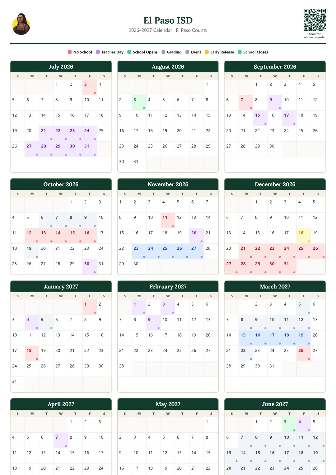 El Paso ISD printable 2026–2027 calendar