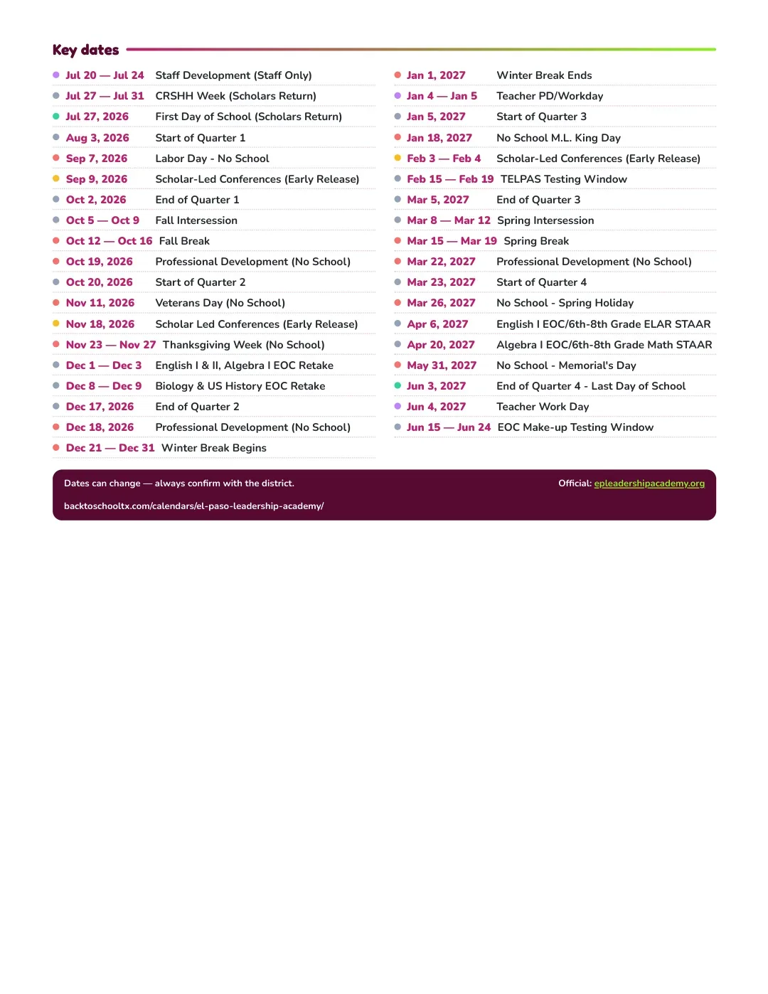 El Paso Leadership Academy Calendar for the Year 26-27 — key dates