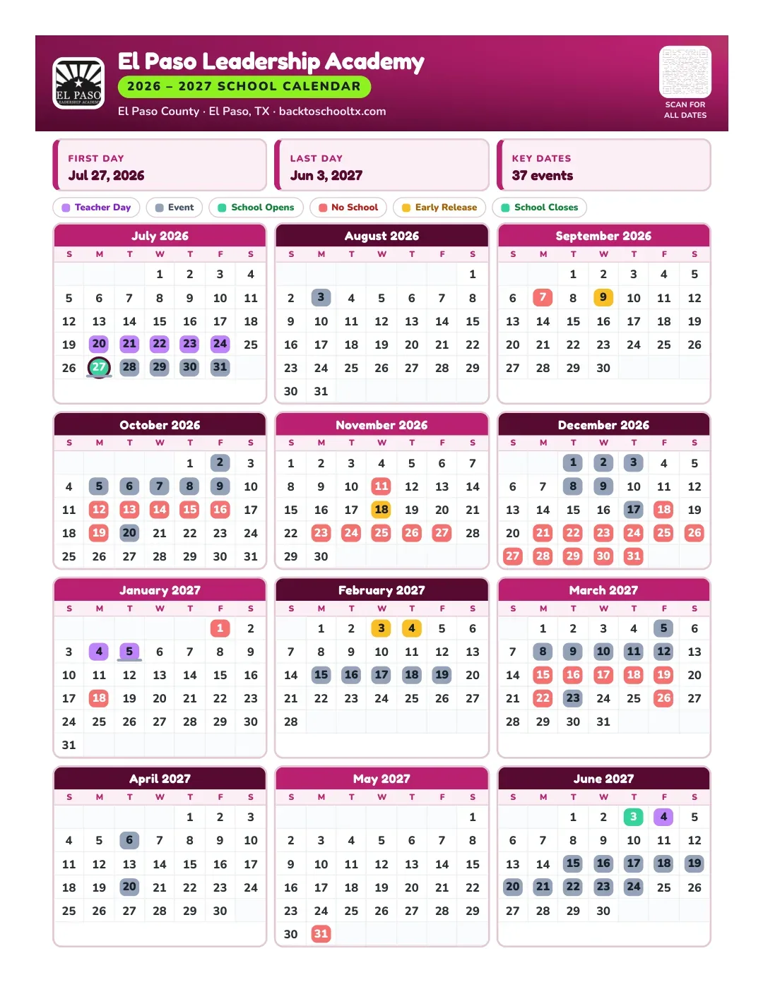 El Paso Leadership Academy Calendar for the Year 26-27