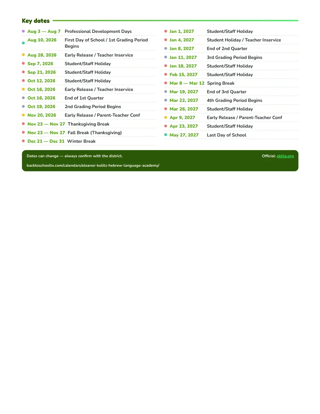 Eleanor Kolitz Hebrew Language Academy Calendar for the Year 26-27 — key dates