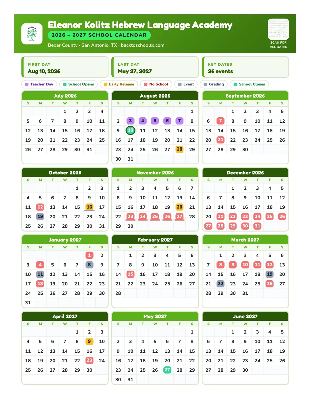 Eleanor Kolitz Hebrew Language Academy Calendar for the Year 26-27