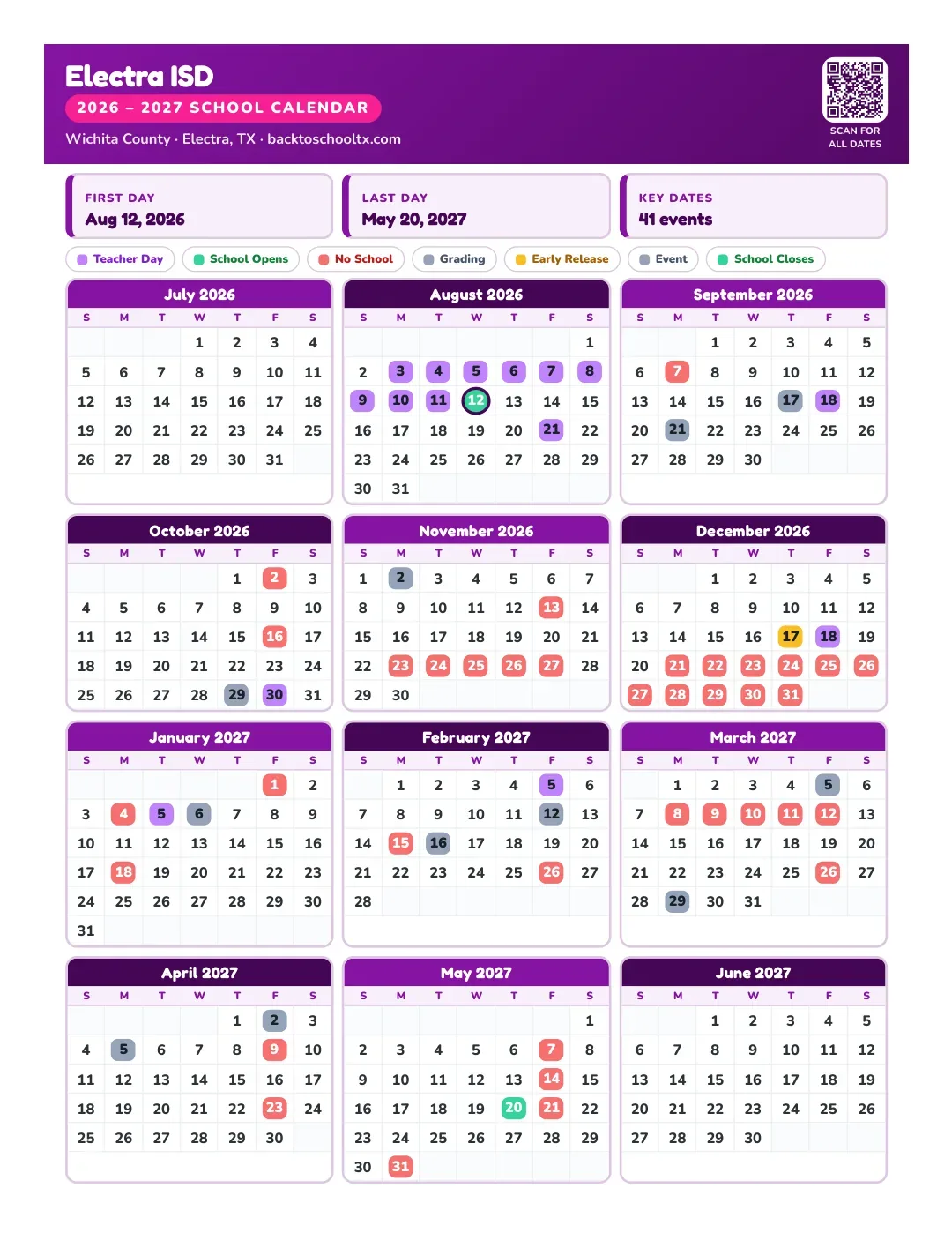 Electra ISD Calendar for the Year 26-27