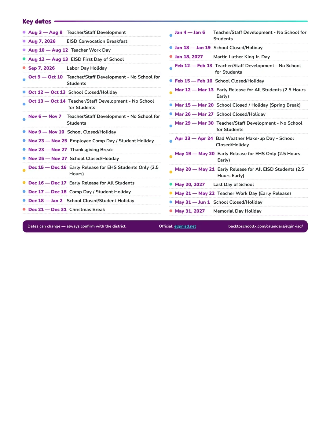 Elgin ISD Calendar for the Year 26-27 — key dates