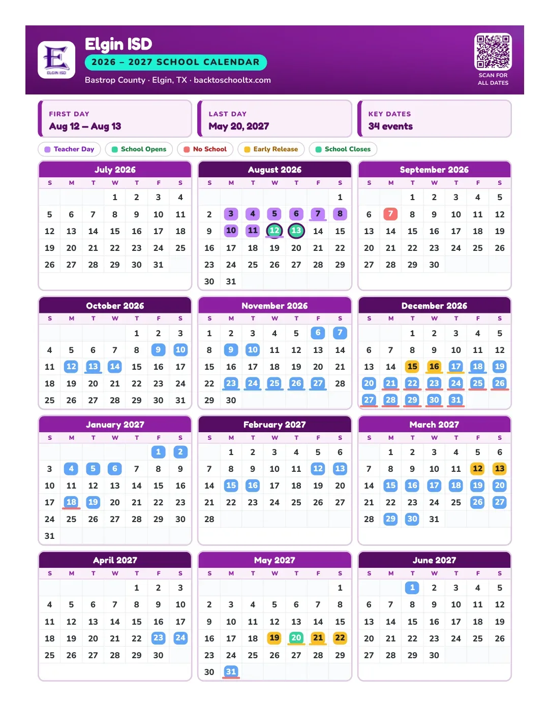 Elgin ISD Calendar for the Year 26-27