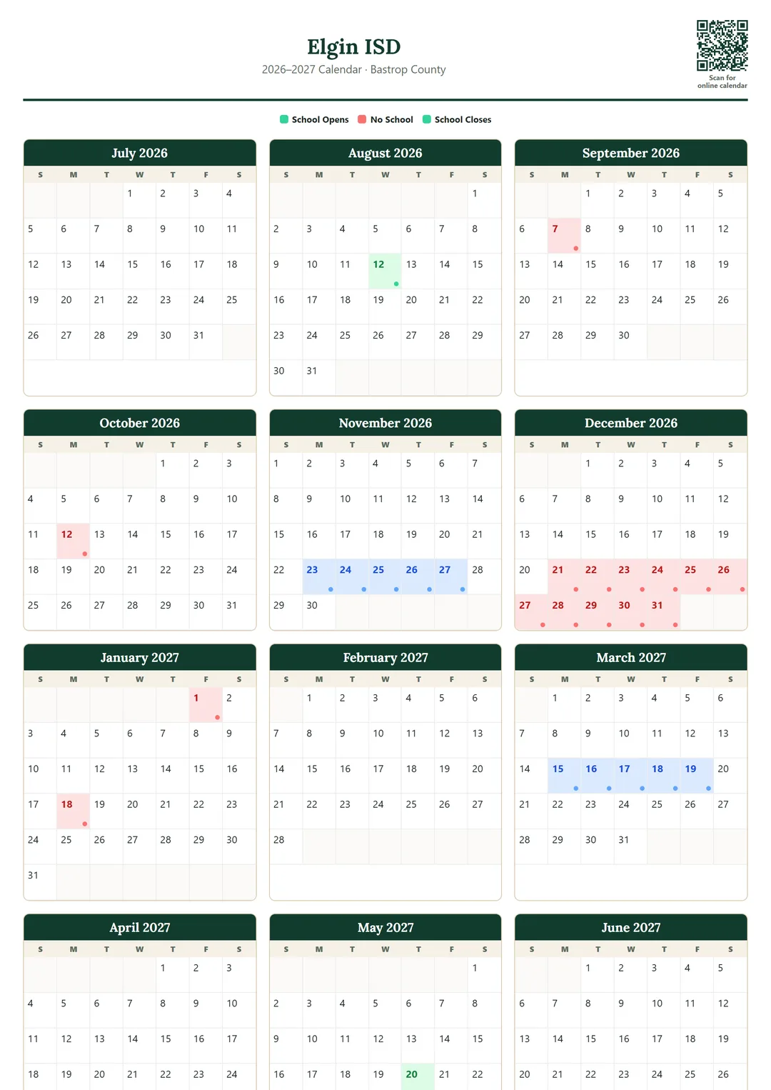 Elgin ISD printable 2026–2027 calendar