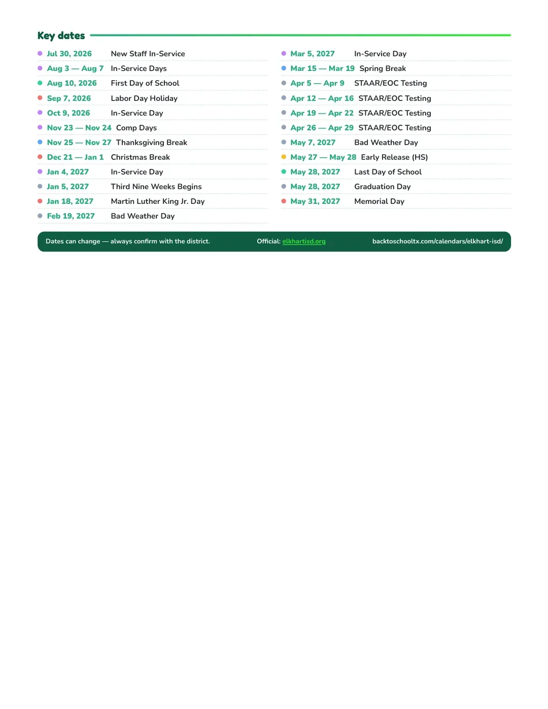 Elkhart ISD Calendar for the Year 26-27 — key dates