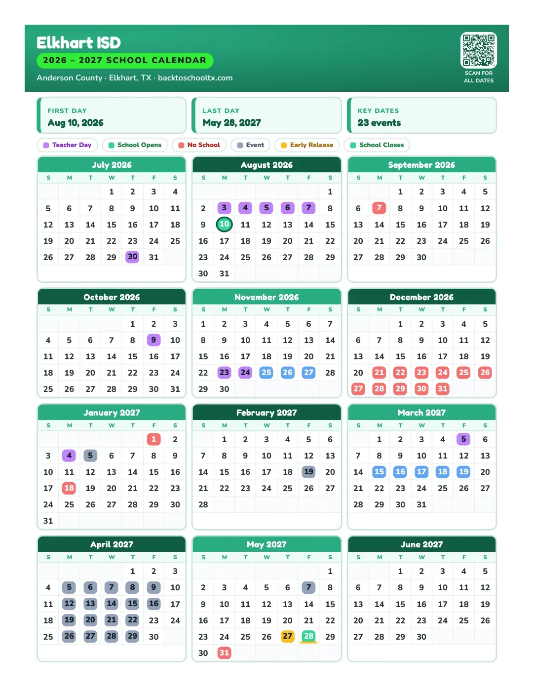 Elkhart ISD Calendar for the Year 26-27