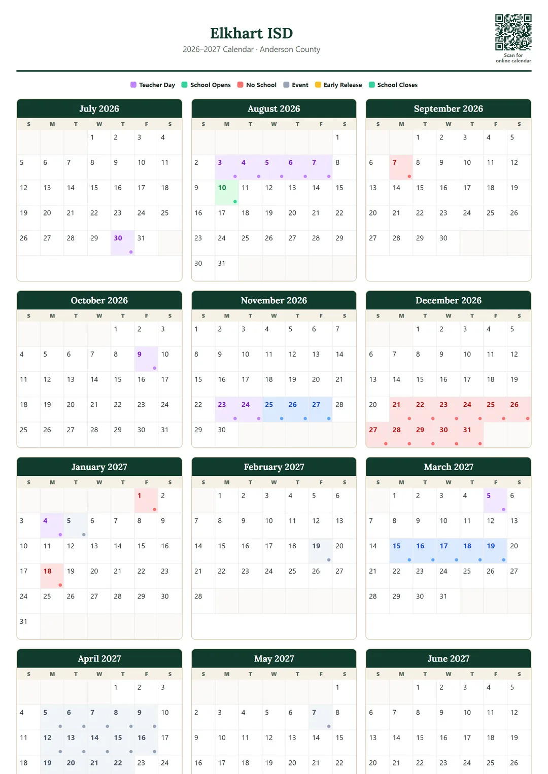 Elkhart ISD printable 2026–2027 calendar