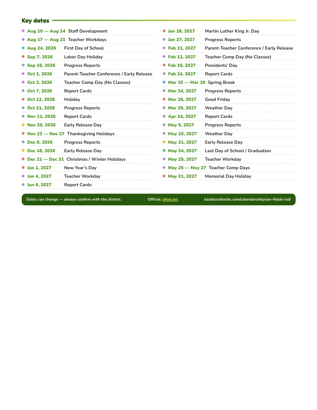 Elysian Fields ISD Calendar for the Year 26-27 — key dates