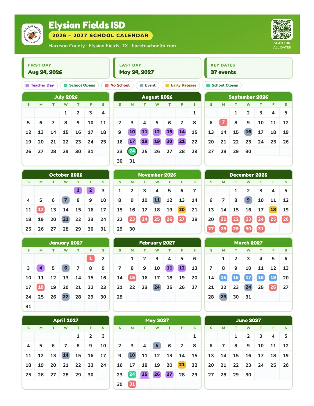 Elysian Fields ISD Calendar for the Year 26-27
