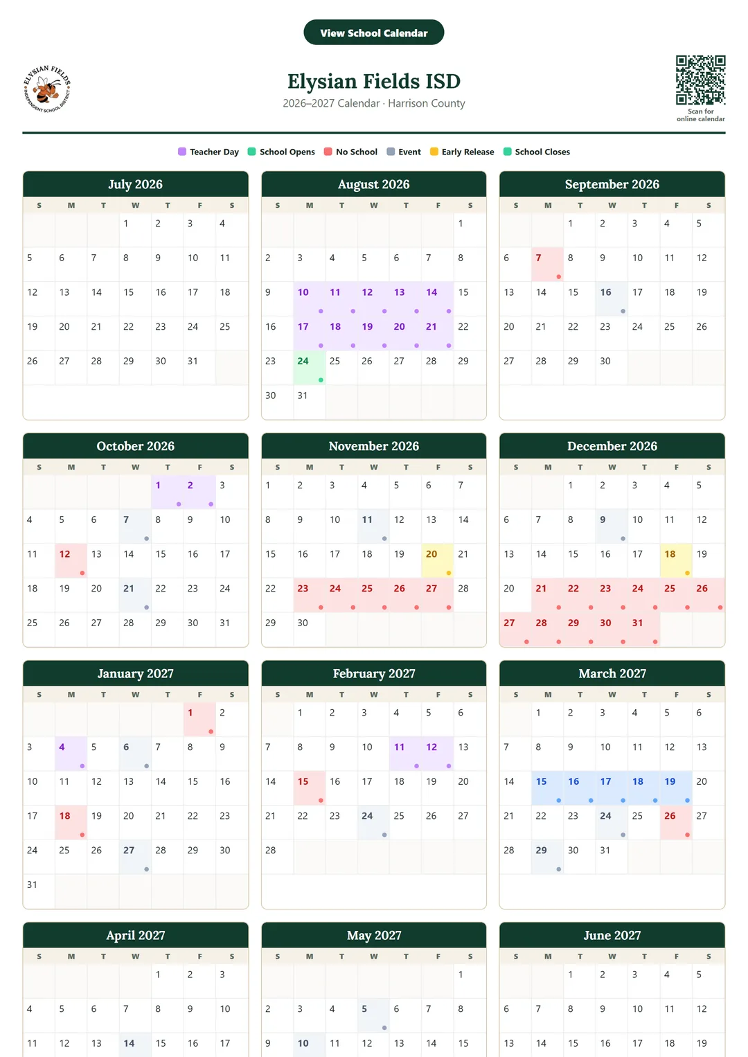 Elysian Fields ISD printable 2026–2027 calendar
