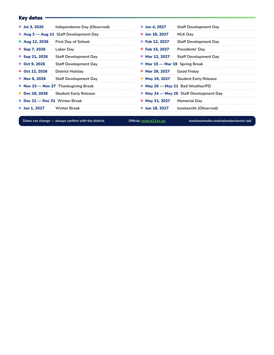 Ennis ISD Calendar for the Year 26-27 — key dates