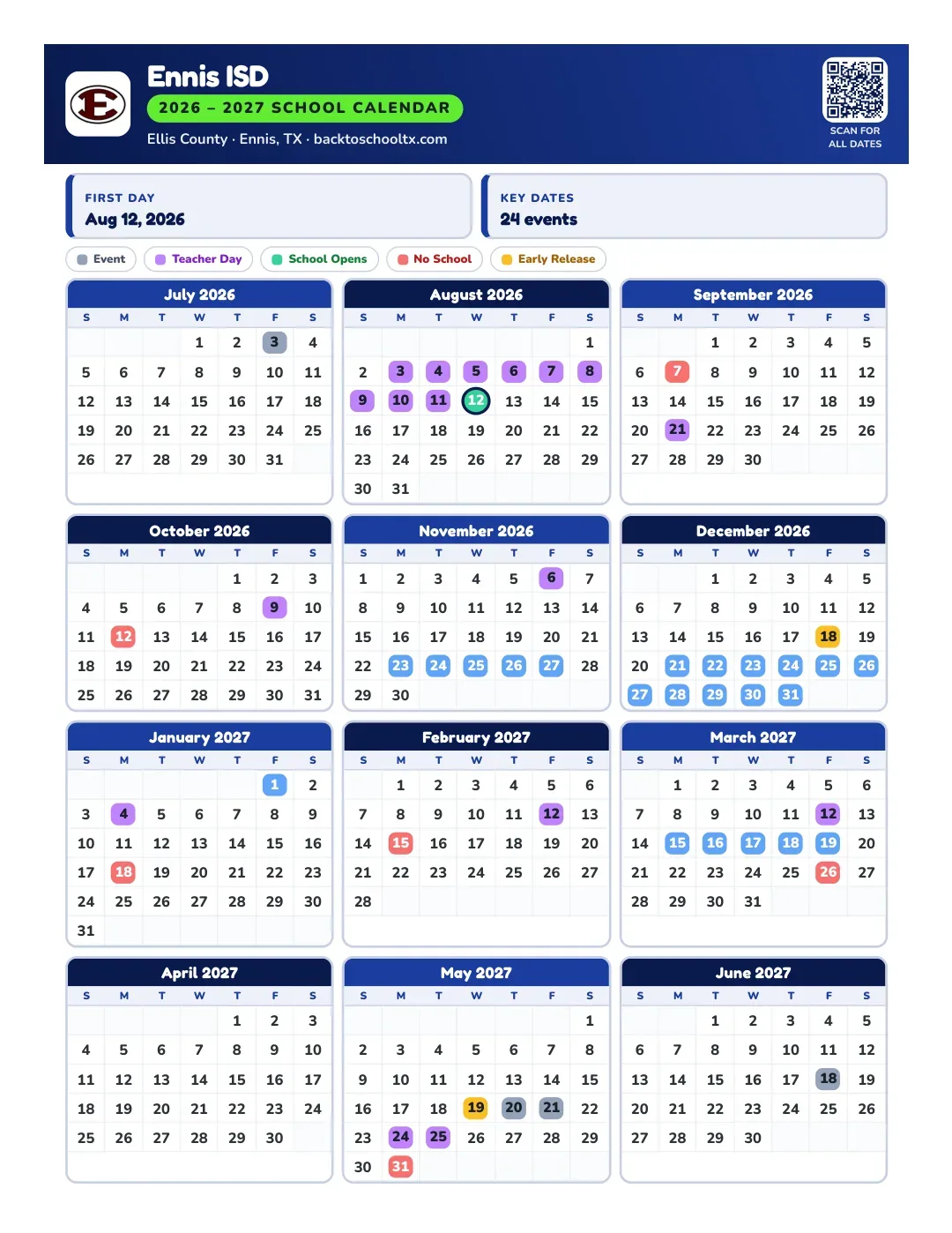 Ennis ISD Calendar for the Year 26-27