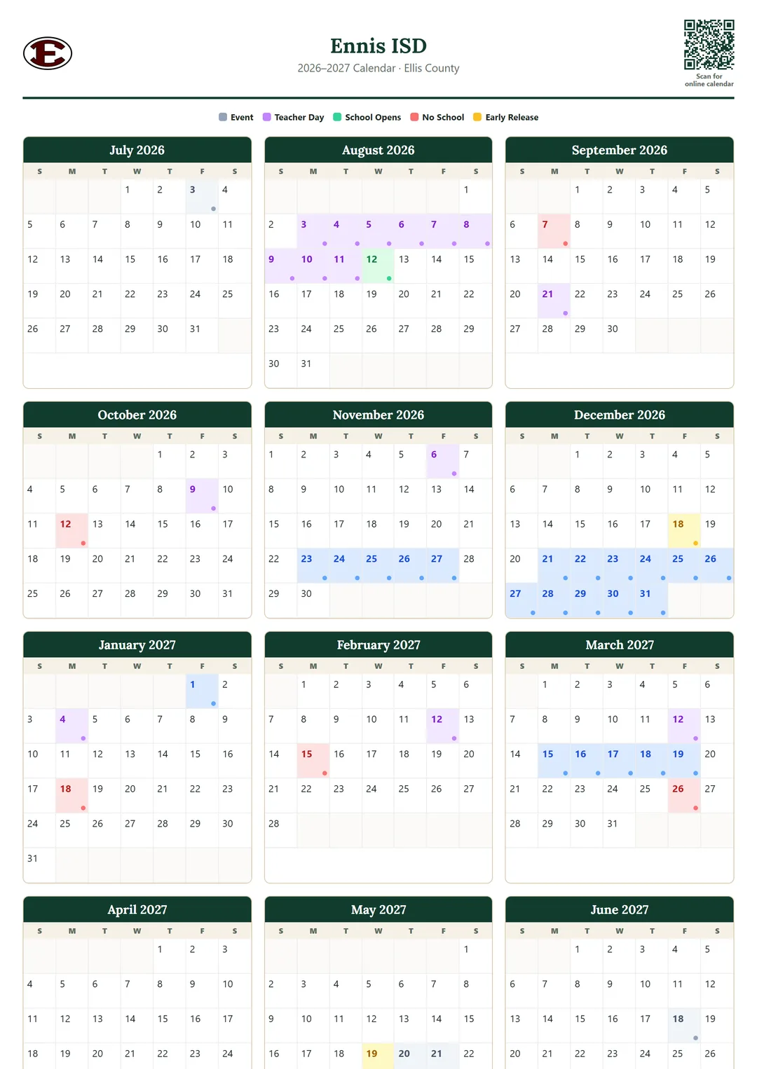 Ennis ISD printable 2026–2027 calendar