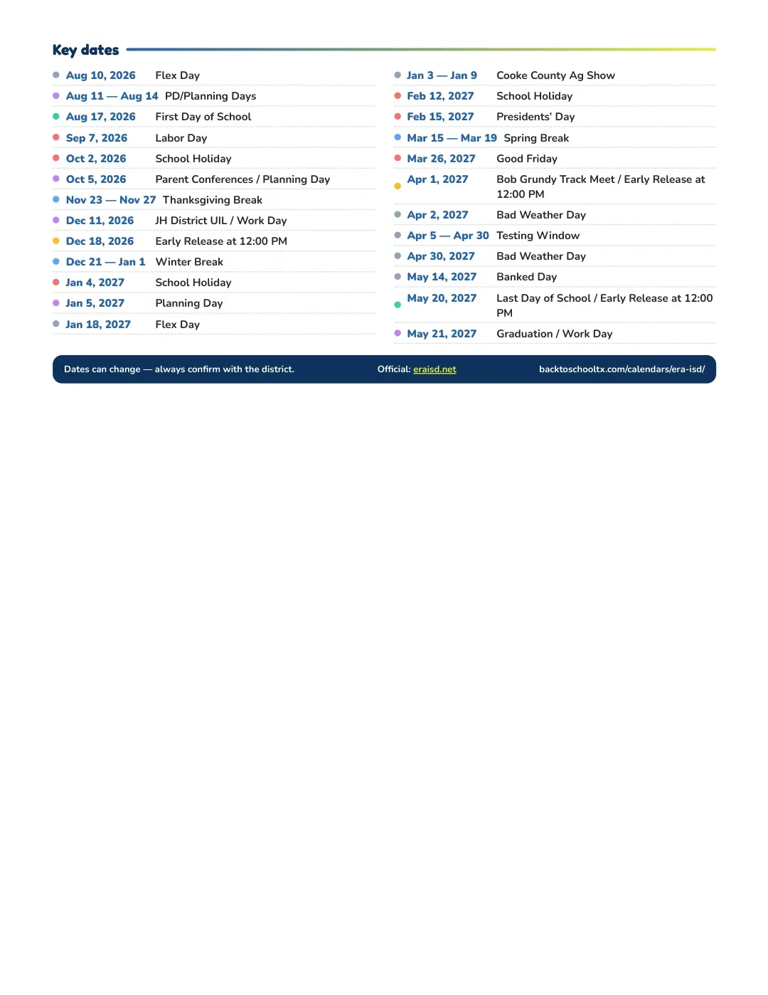 Era ISD Calendar for the Year 26-27 — key dates