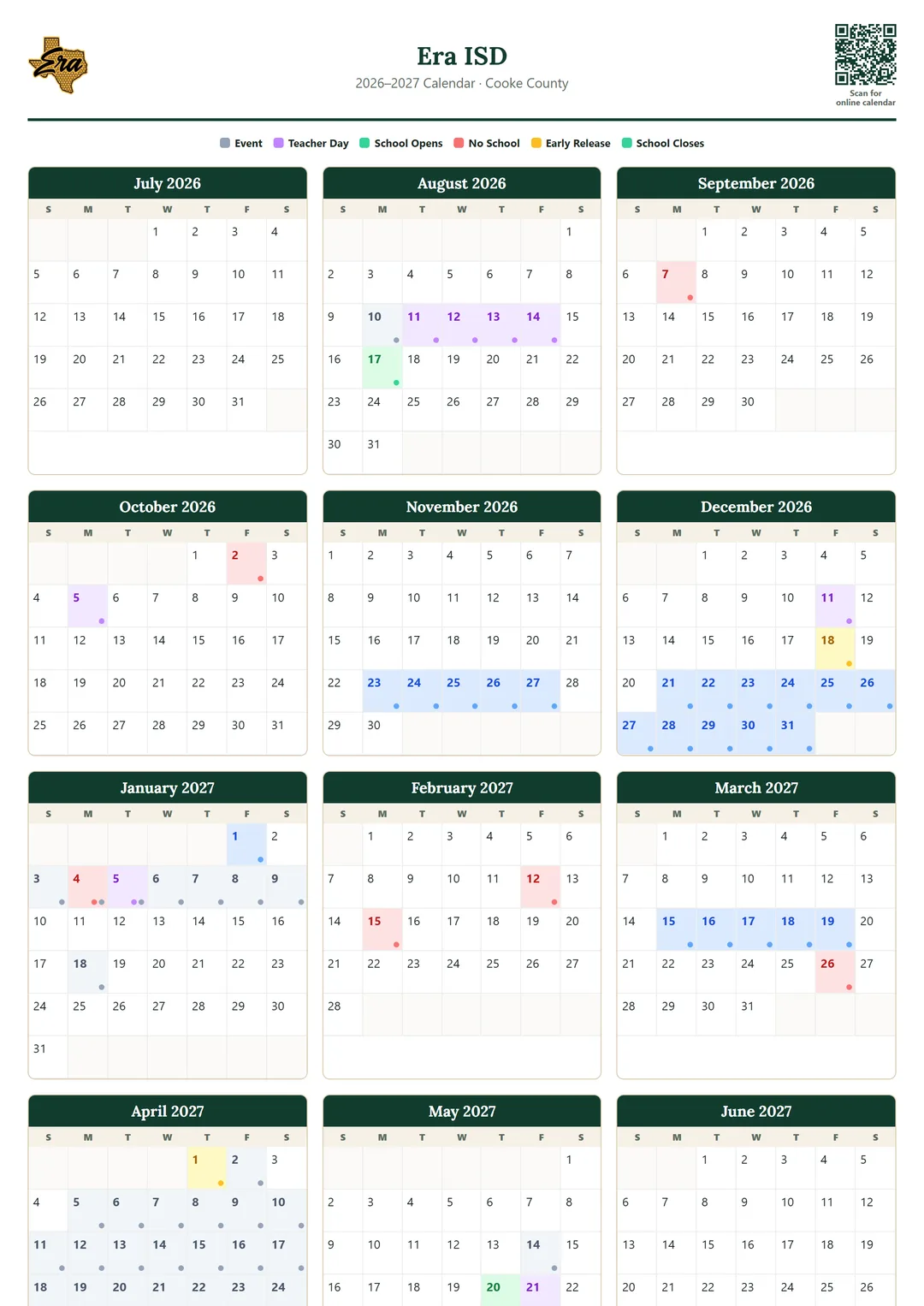 Era ISD printable 2026–2027 calendar